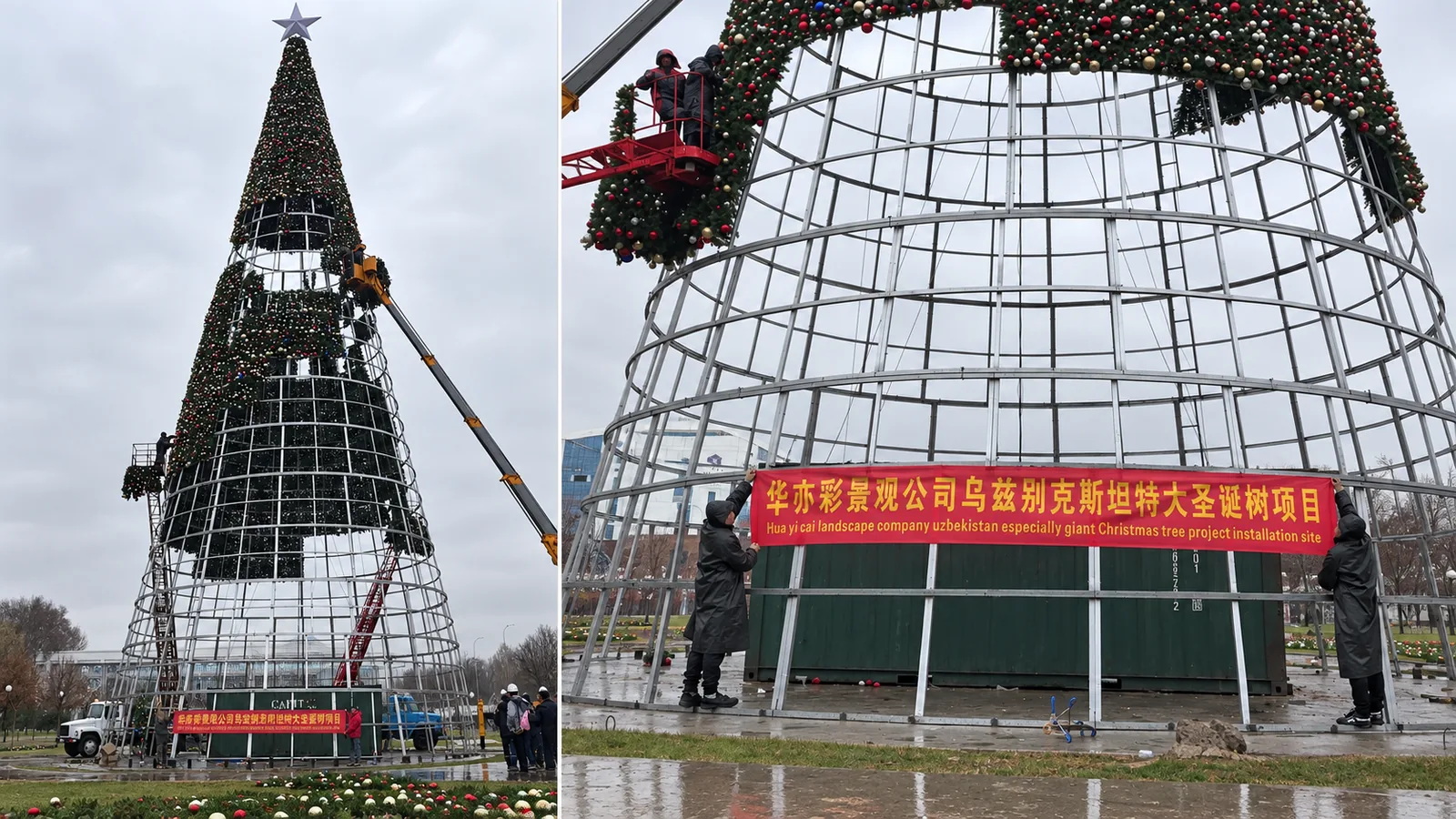 35m giant Christmas tree installation with exposed steel frame and access lifts in Uzbekistan
