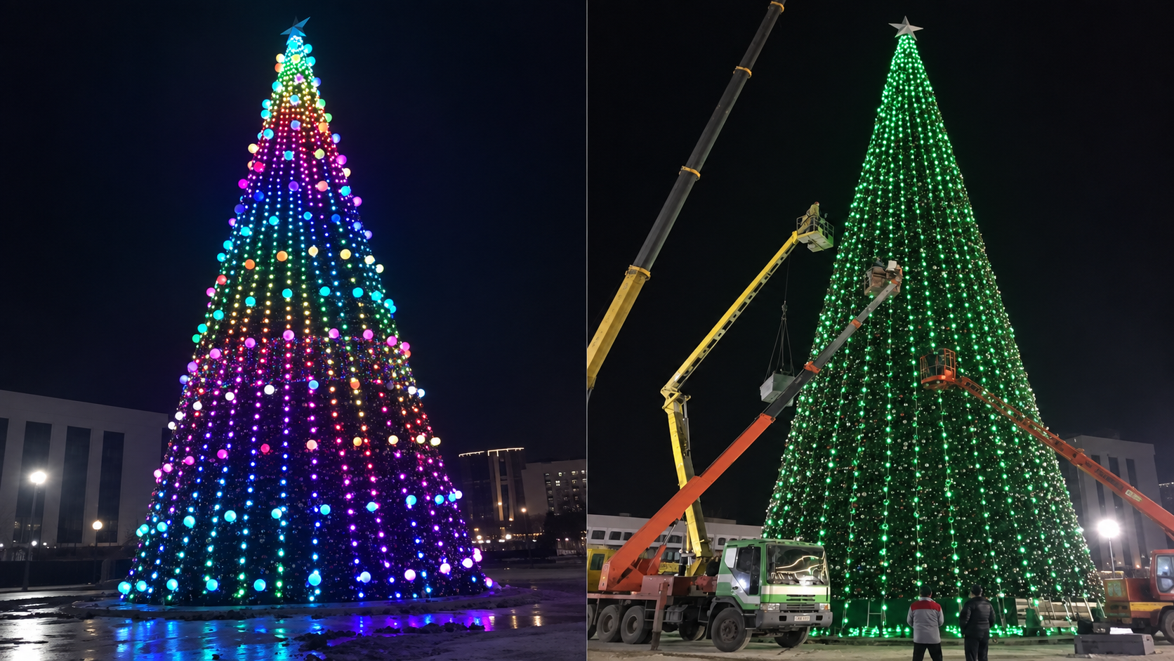 35m pixel LED Christmas tree with multicolor lighting and on-site lift access at night