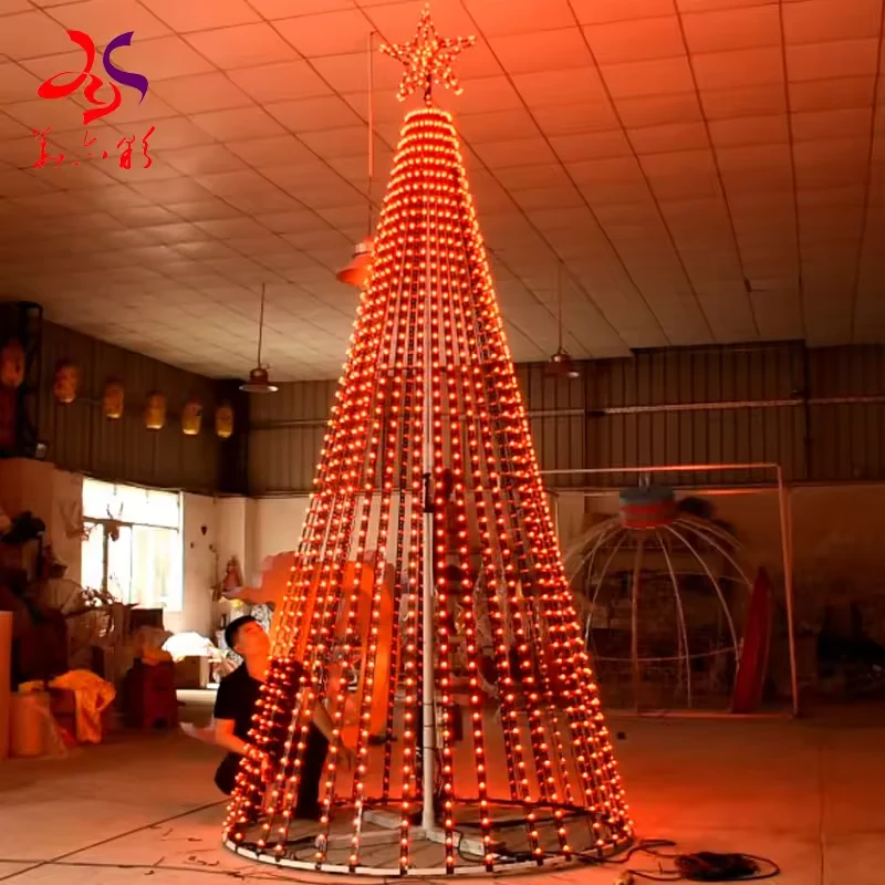 Open-frame RGB Christmas tree showing an all-red pixel lighting scene