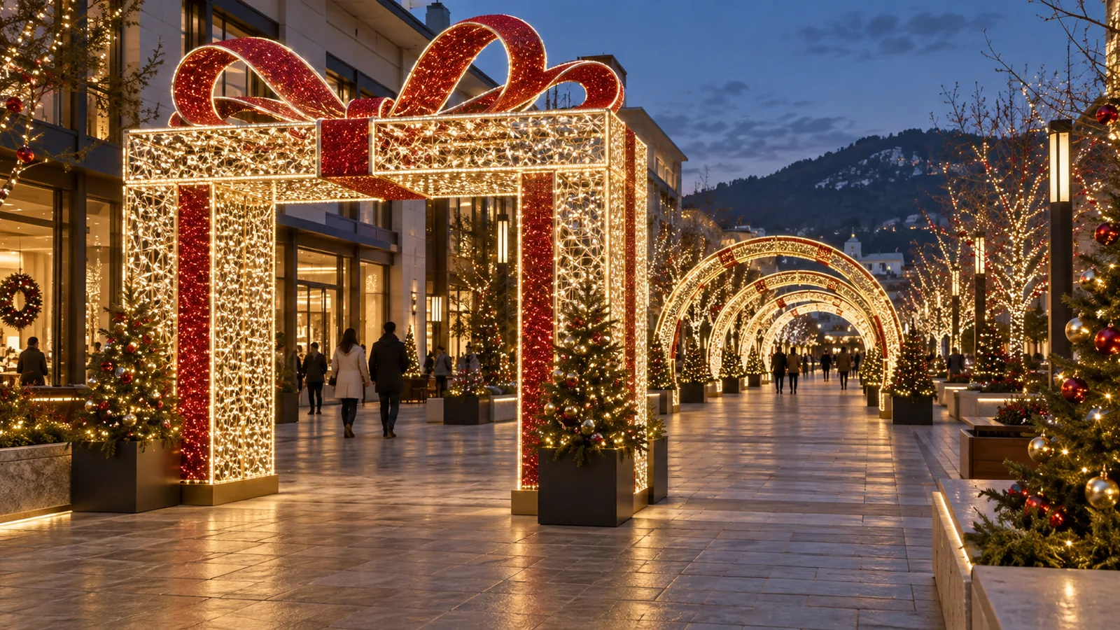 Christmas gift-box entrance arch and illuminated tunnel concept for a commercial walkway