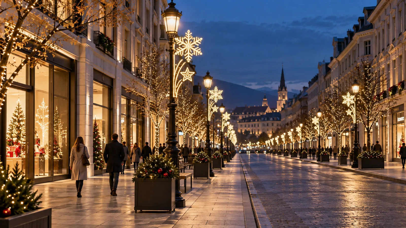 Christmas street lighting concept with snowflake and star pole motifs