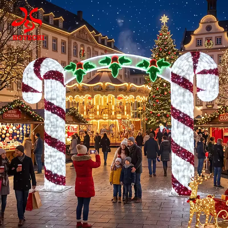 Alternative red and white candy cane arch design with illuminated holly motifs