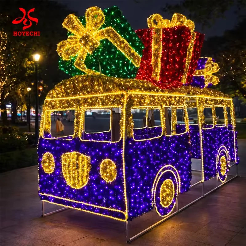 Christmas bus light display in a blue and gold color configuration