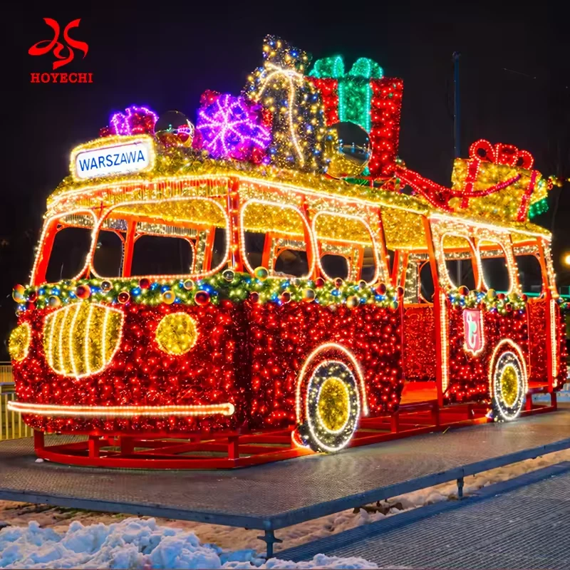 Illuminated Christmas bus with gift decorations