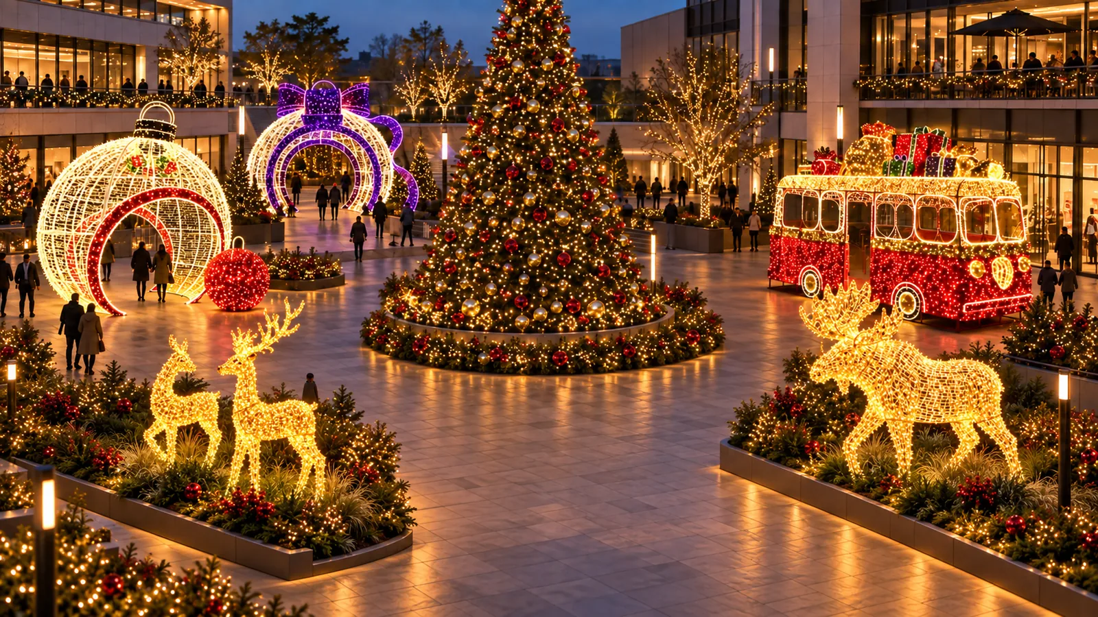 Commercial plaza Christmas decoration concept with a tree, bauble arches, reindeer and an illuminated bus