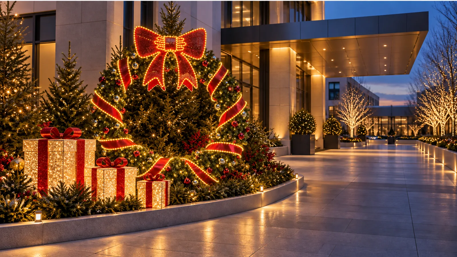 Commercial entrance Christmas wreath concept with a red bow and illuminated gift boxes