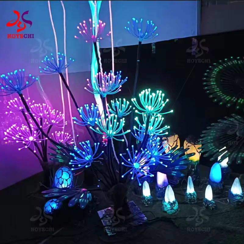 Multicolor fantasy plant light arrangement with coordinated landscape props