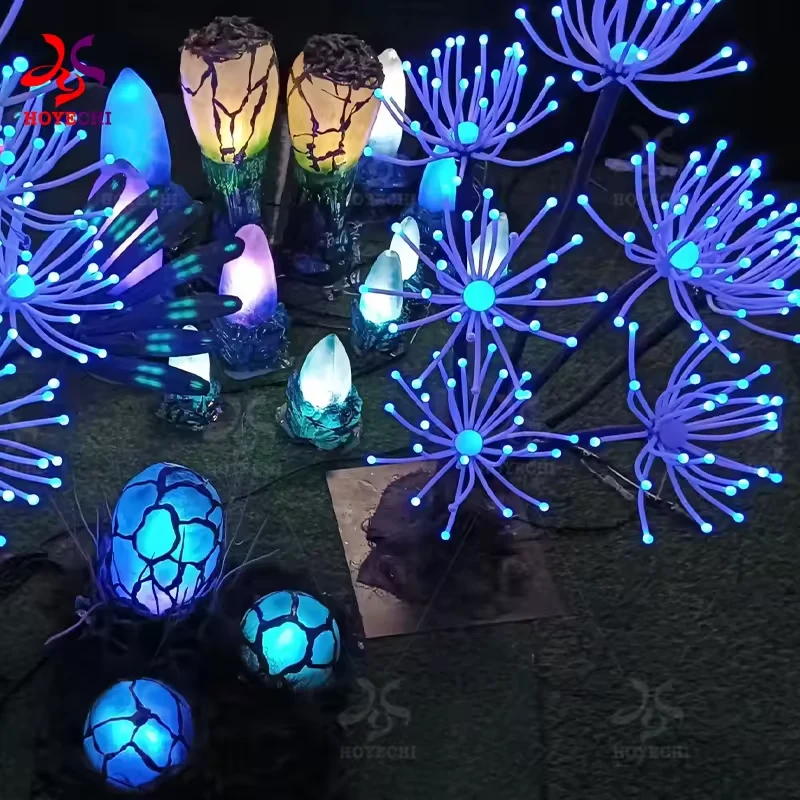 Blue and green branching plant lights in a themed display