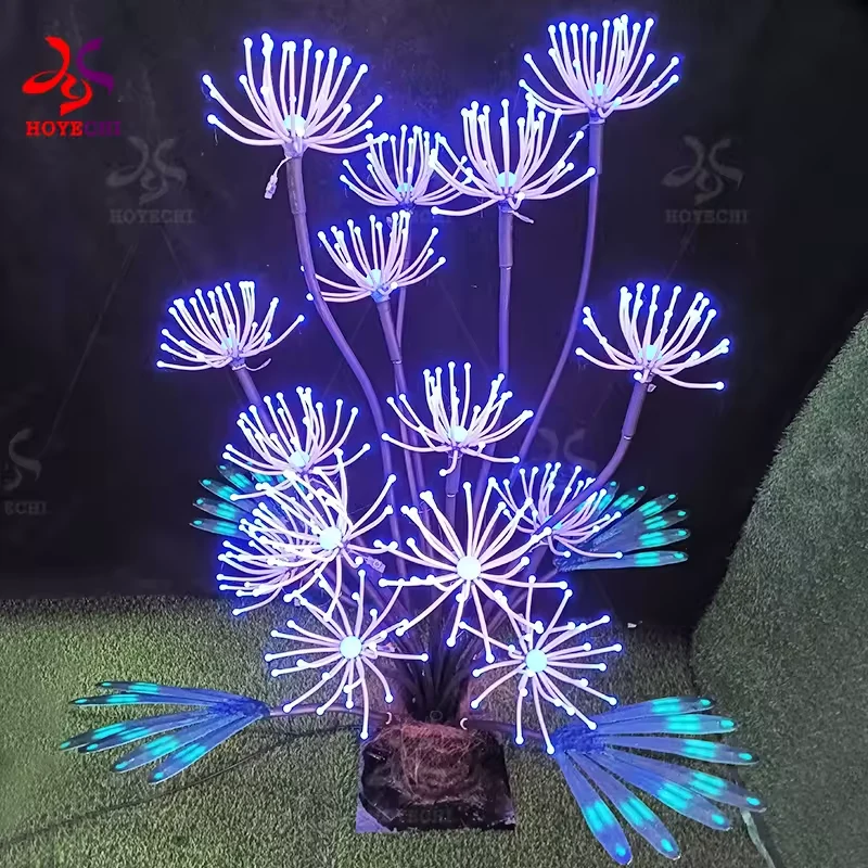 White and violet fantasy plant sculpture with spreading lighted stems