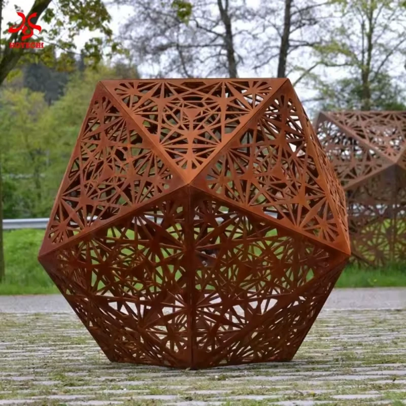 Brown openwork metal polyhedron sculpture shown in daylight