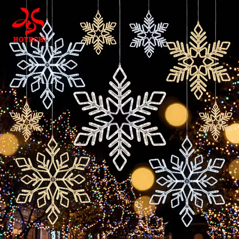 Supplier illustration of hanging warm white and cool white snowflake motif lights