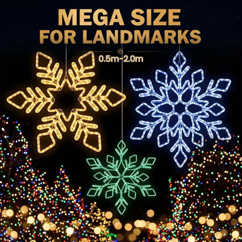 Supplier display of snowflake rope light designs in different sizes and colors