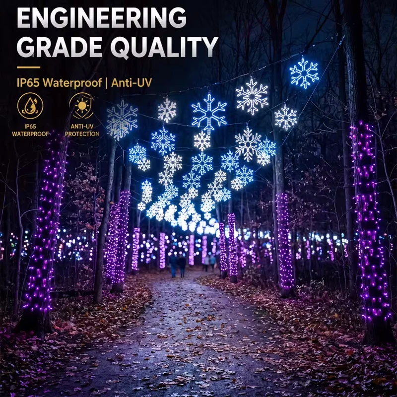 Concept illustration of hanging snowflake lights above a woodland path