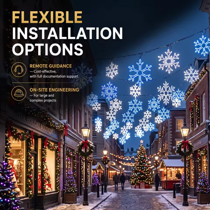 Concept illustration of suspended snowflake decorations over a shopping street