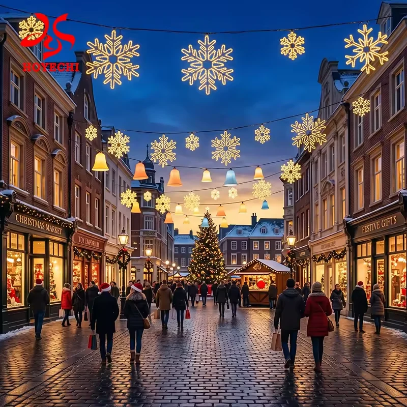 Concept illustration of warm white snowflake lights across a festive street