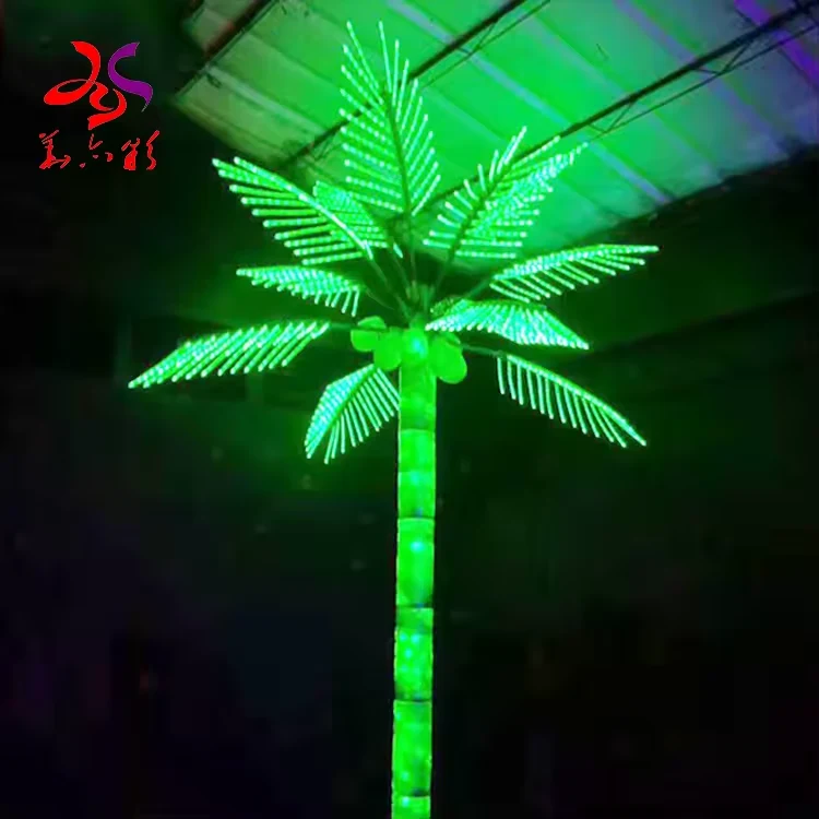 Green LED palm tree showing the lit trunk and individual fronds