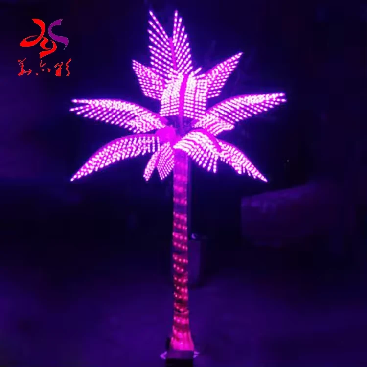 Purple illuminated palm tree with a wide crown against a dark background