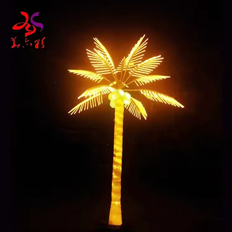 Warm yellow LED palm tree lighting reference at night