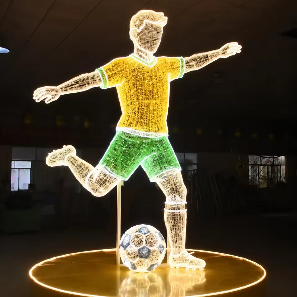 LED football player sculpture with yellow shirt and green shorts