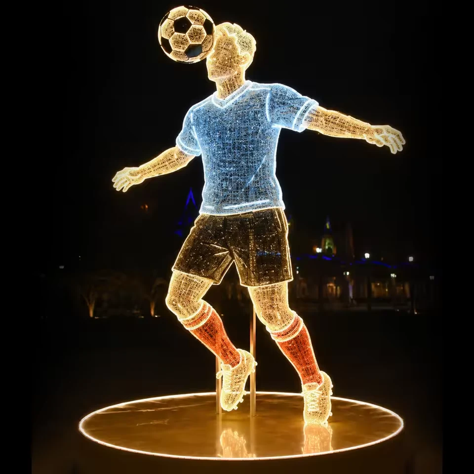 Blue uniform soccer player light sculpture