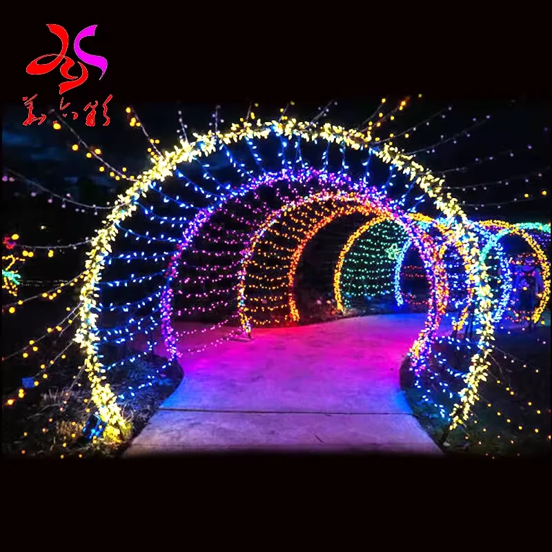 Arched string light tunnel with blue and warm white sections