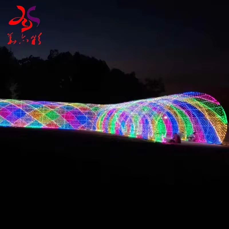 Long rainbow string light tunnel for an outdoor event