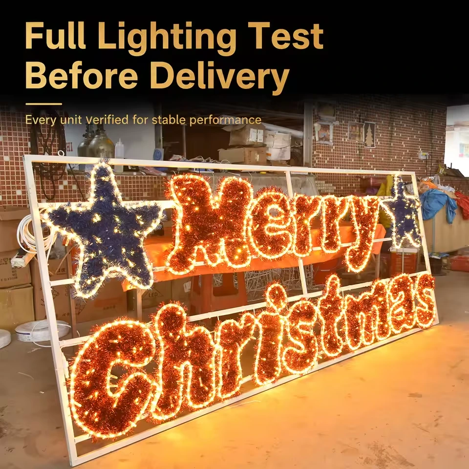 Large illuminated Merry Christmas sign with star outlines in a workshop