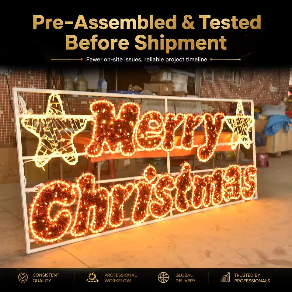 Merry Christmas LED banner with rectangular frame during a lighting check