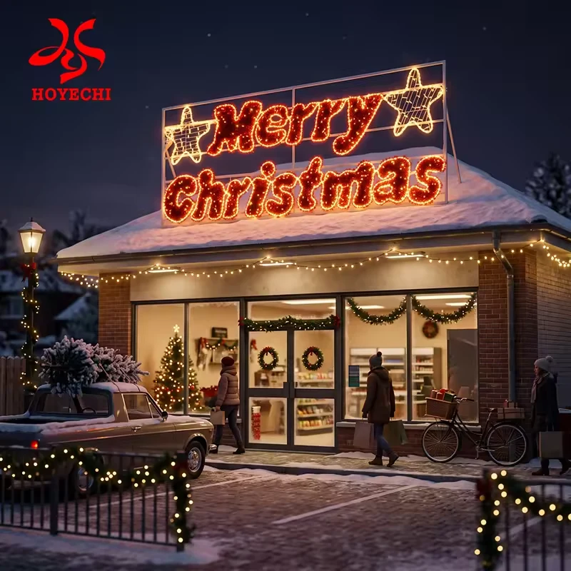 Merry Christmas light sign mounted above a commercial entrance