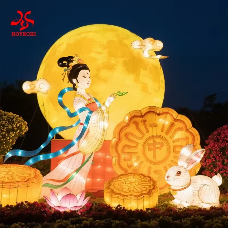 Moon rabbit and mooncake lantern arrangement for a commercial seasonal display