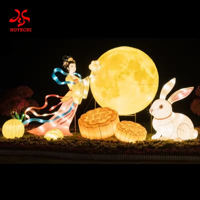 Full moon and rabbit lantern design with a flowing figure