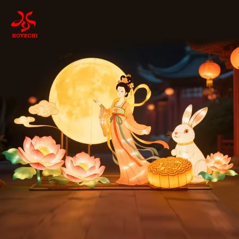 Moon and rabbit lantern composition with lotus flower accents