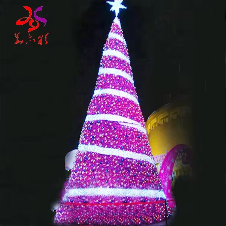 Alternative commercial Christmas tree design with pink lights and white spiral bands