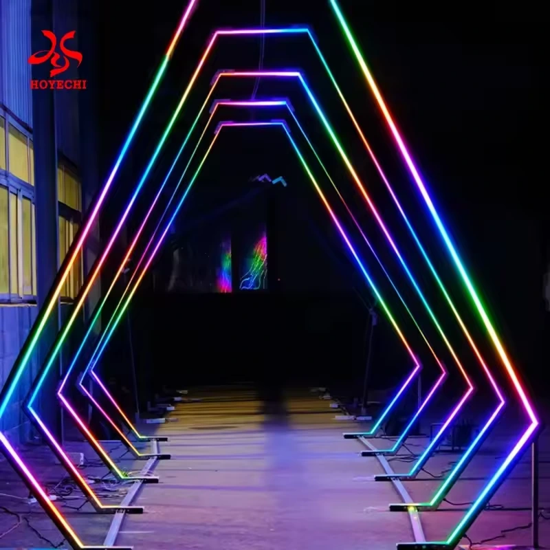 Polygon LED arch tunnel with multicolor illuminated outlines