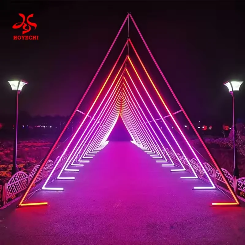 Triangle LED light tunnel in pink and orange