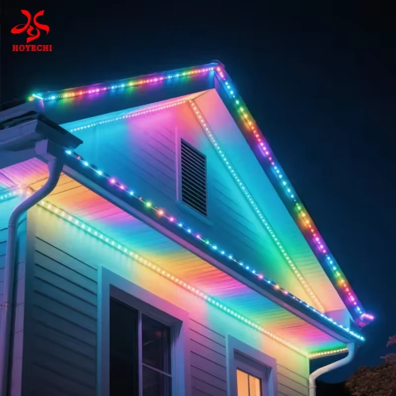 Supplier illustration of multicolor LED strip lights outlining a roof gable