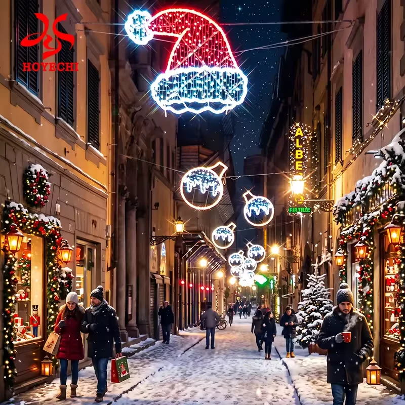 Red and white Santa hat light above a pedestrian shopping lane design reference