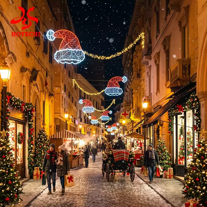 Repeated Santa hat motifs with warm garland lights in a commercial street concept