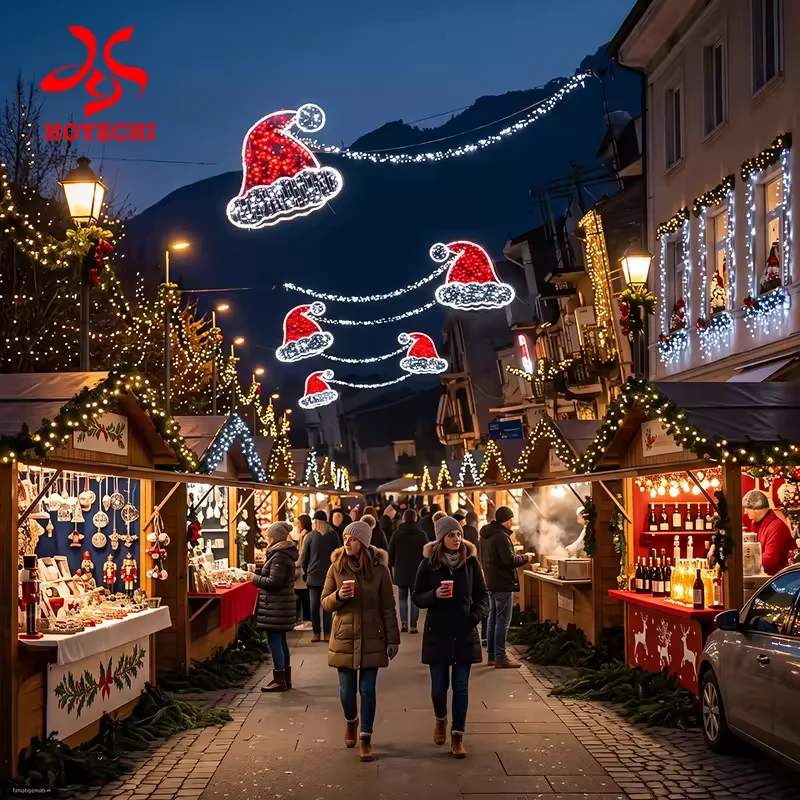 Santa hat street decorations above a Christmas market design visualization