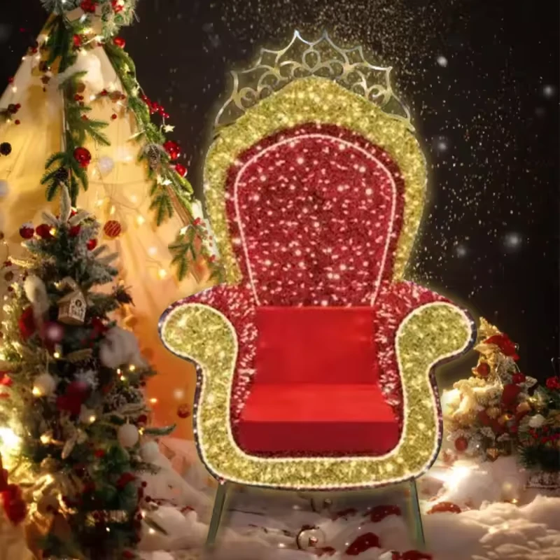 Crowned red and gold Santa throne beside festive decorations