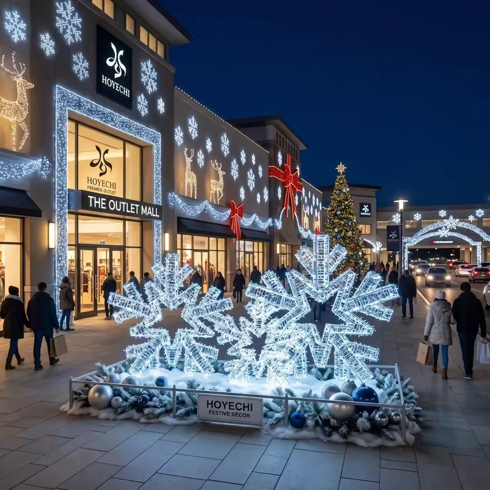 White illuminated snowflake sculptures arranged in a winter display