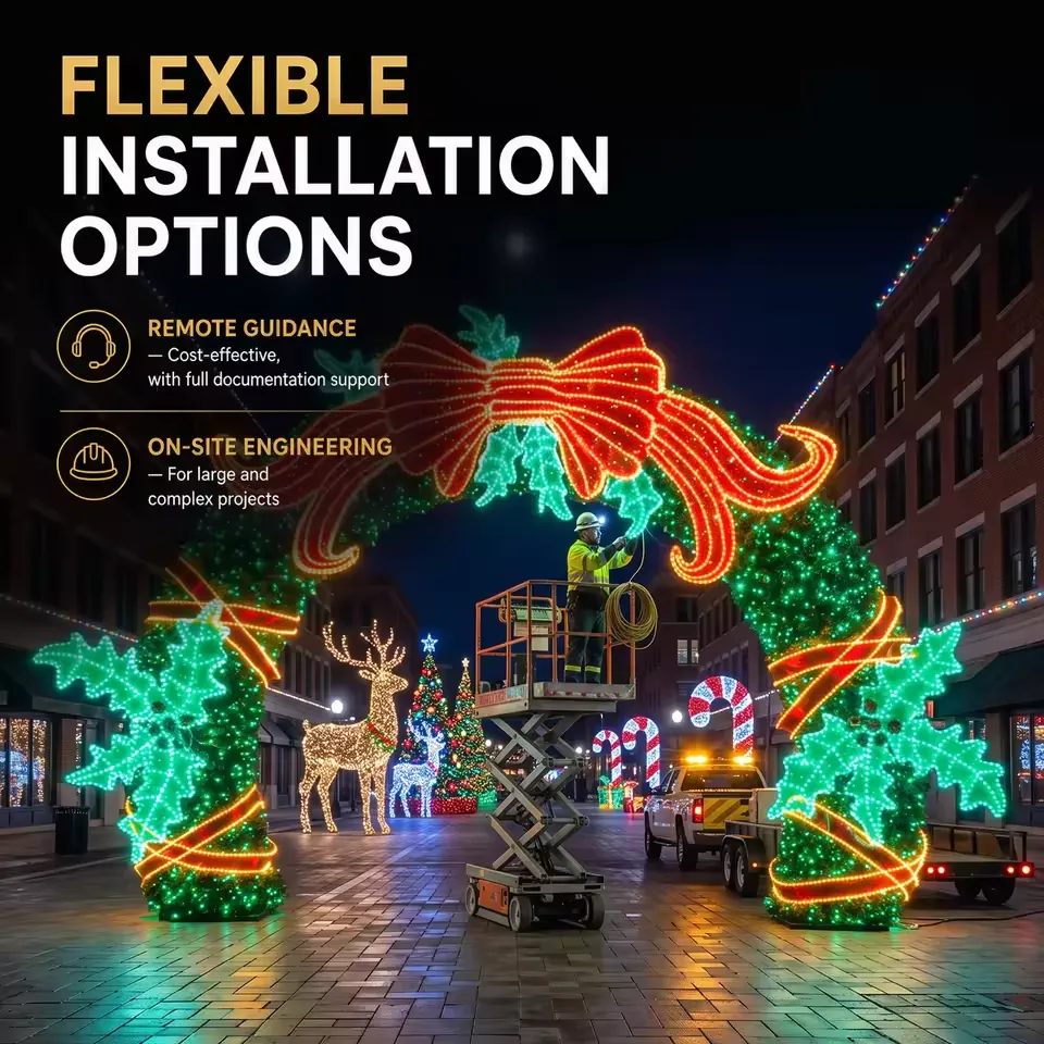 Concept illustration of a green holly Christmas arch with a red bow and installation access equipment