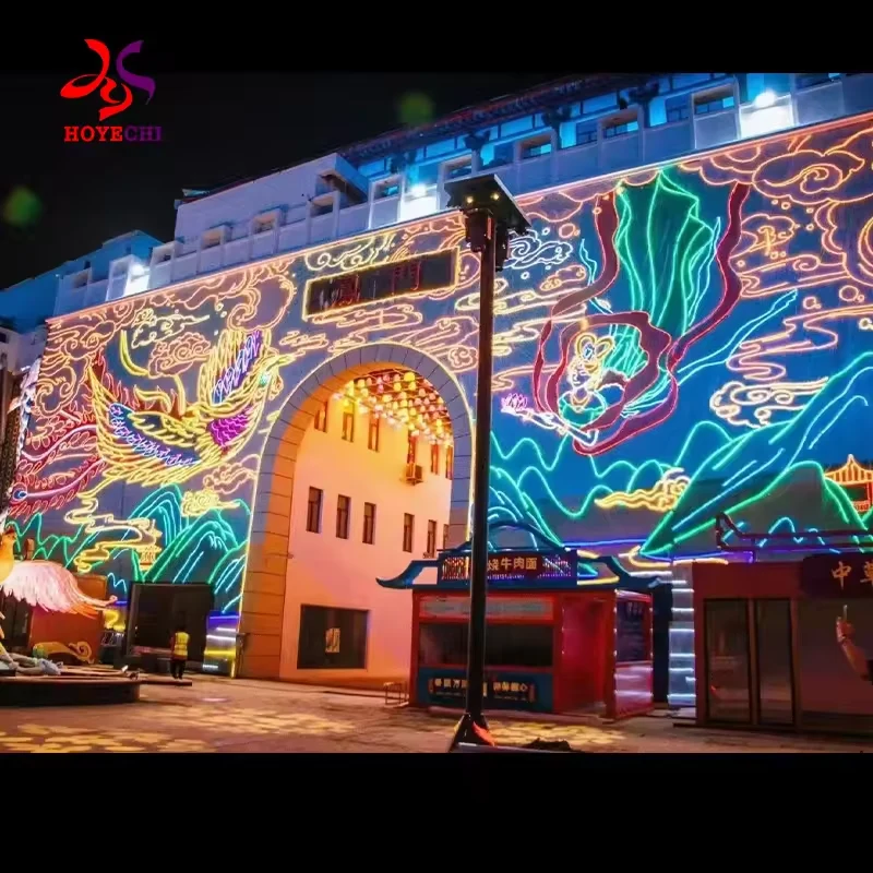 Colorful LED facade light painting arranged around an entrance arch
