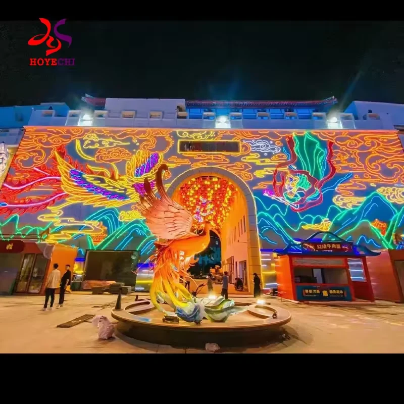 Custom LED light art installation with a large bird motif and landscape outlines