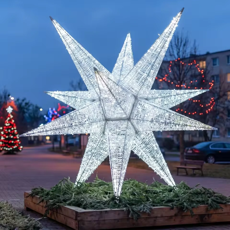 Large freestanding white 3D star light with multiple pointed rays