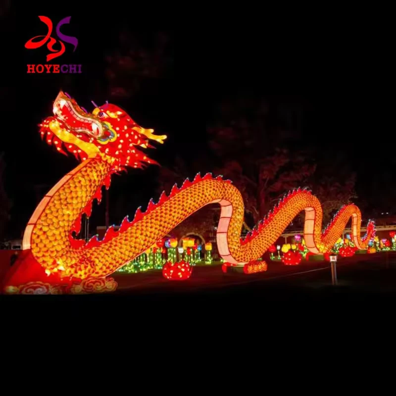 Red and gold Chinese dragon lantern illuminated at night