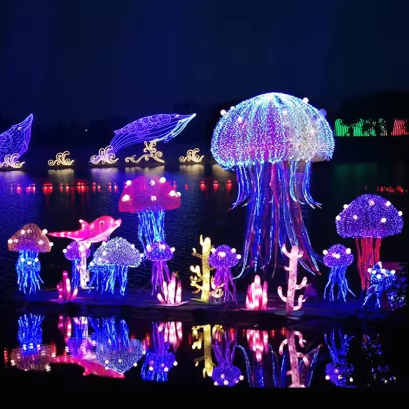 Illuminated jellyfish sculpture with smaller colorful jellyfish and ocean motif lighting
