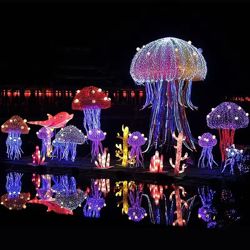 Night view of giant jellyfish light decorations with reflections