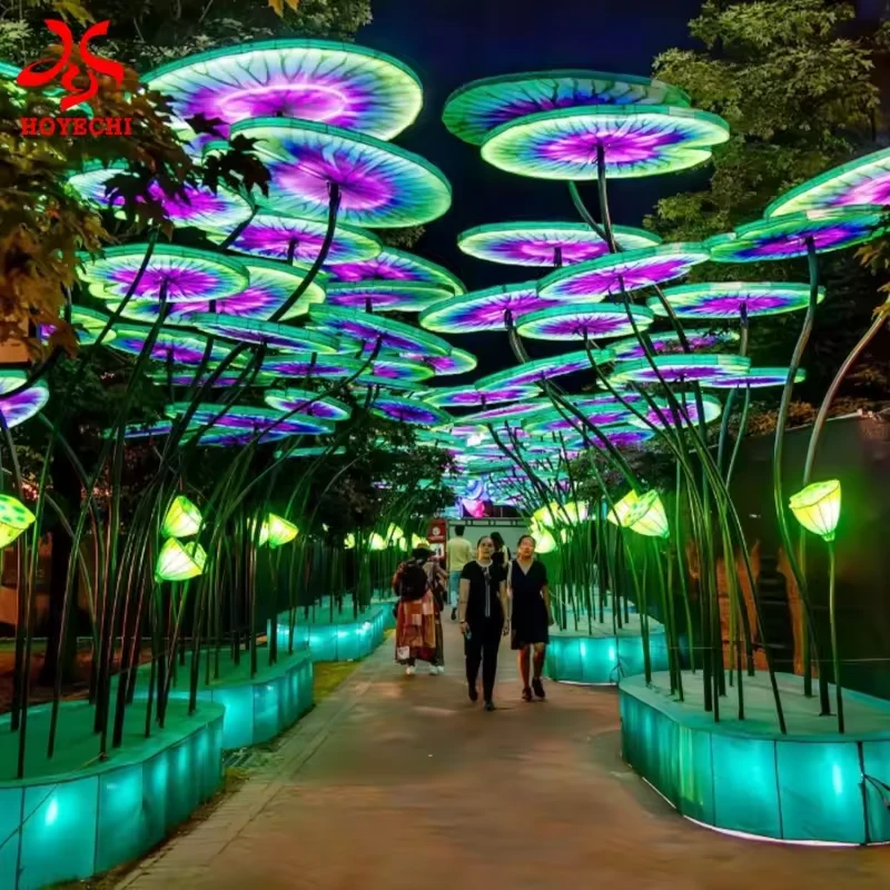 Commercial lotus leaf light canopy lining a pedestrian walkway