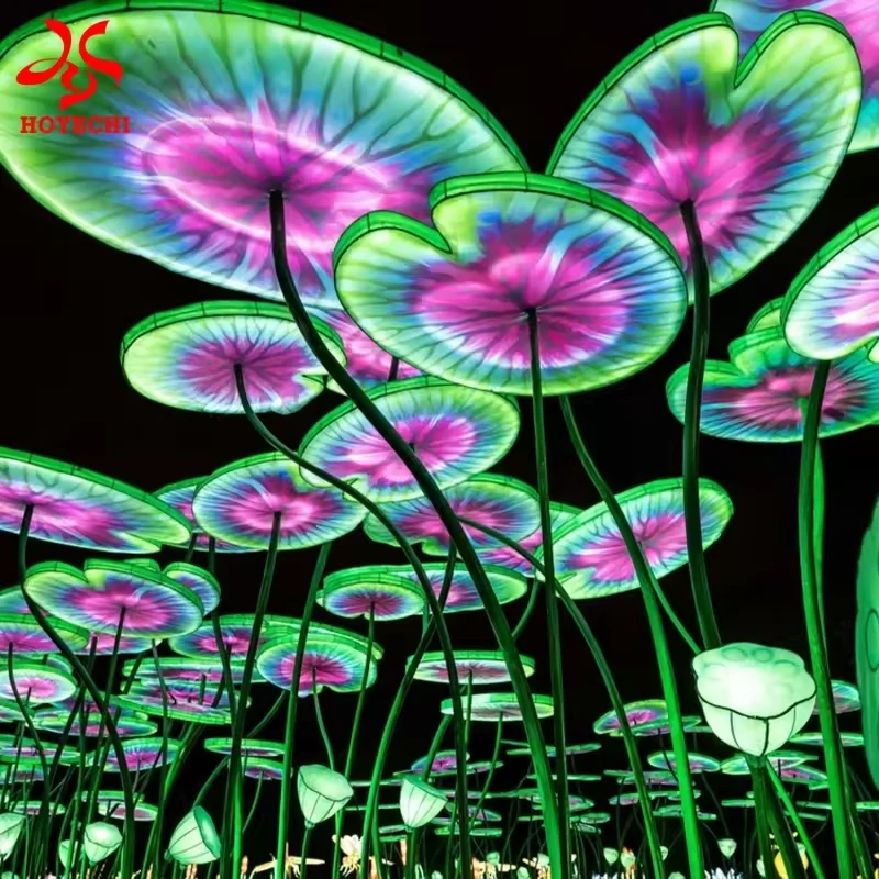 Overlapping giant lotus leaves forming an illuminated overhead canopy